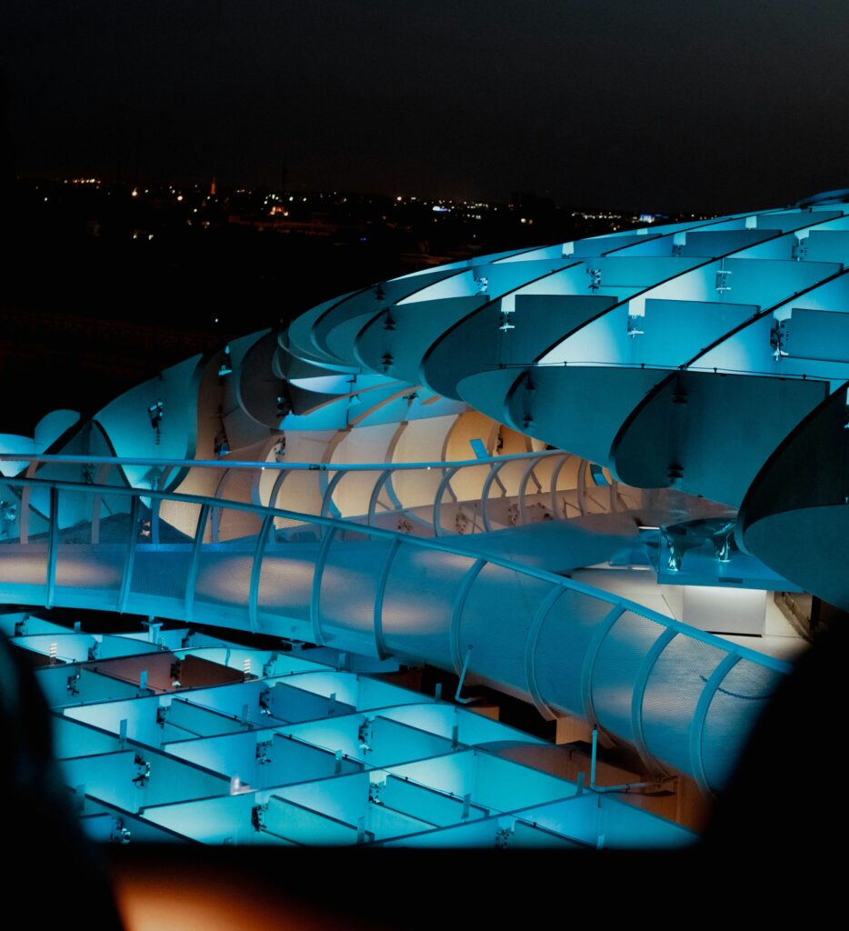 Overhead view of an architectural building with smooth curved lines and edges