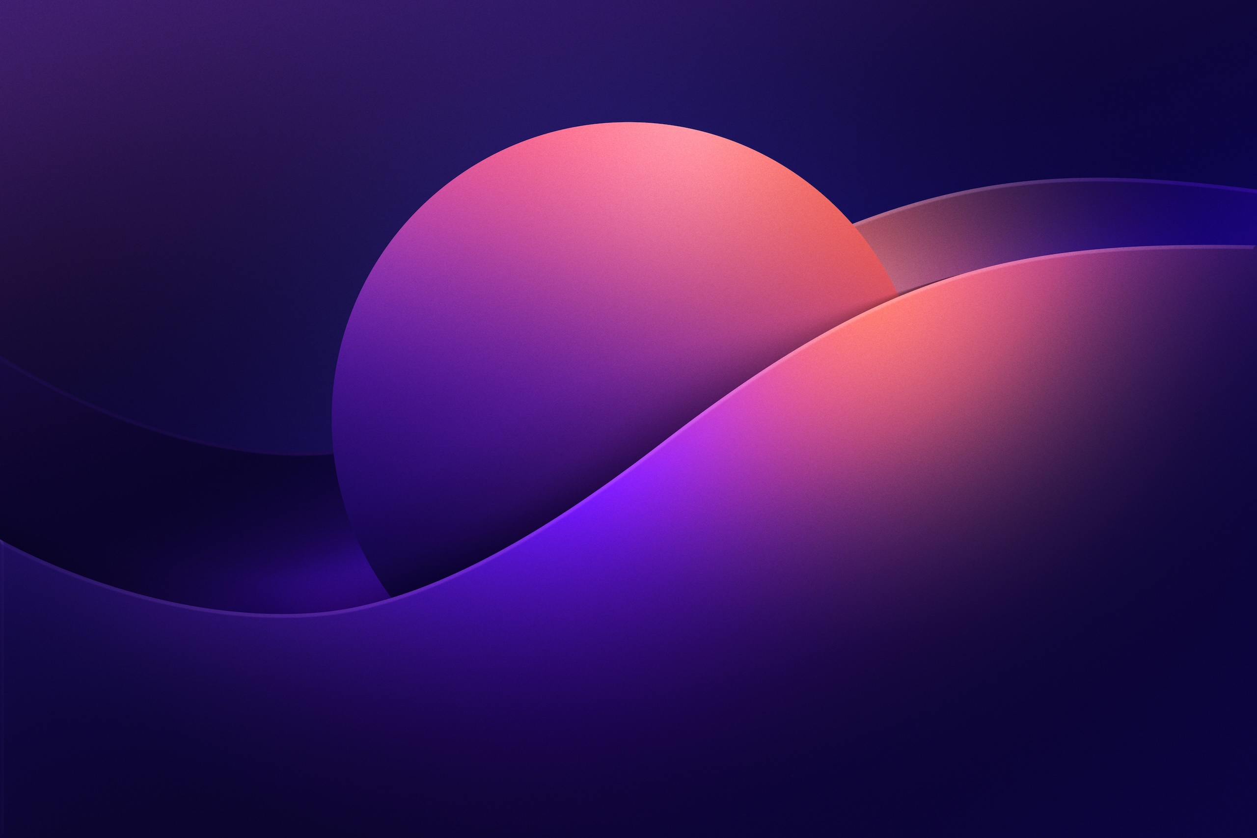 Abstract image with a wave like shape through the middle with a ball shape peeking out from behind. The colours are purple to peach