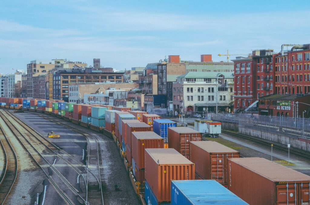 View of the railway shipping yard in Vancouver with trains carrying shipping containers